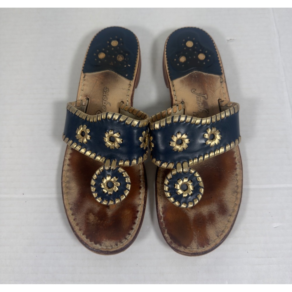 Jack Rogers Jacks Flat Sandals Womens 7 Navy Gold Leather Whipstitch Thong